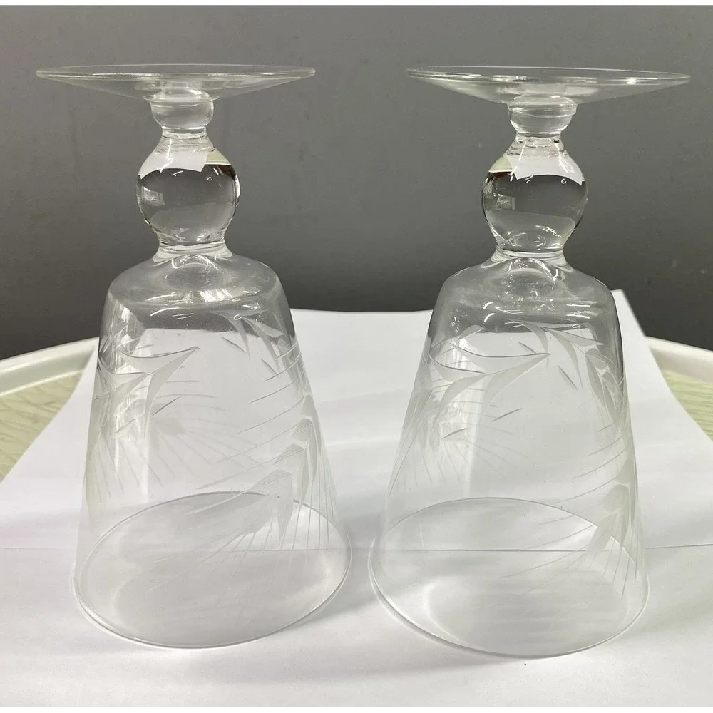 2 Libby Ball Stem Pilsner Drinking Glasses Vtg Etched Glass Wheat Pattern 6
